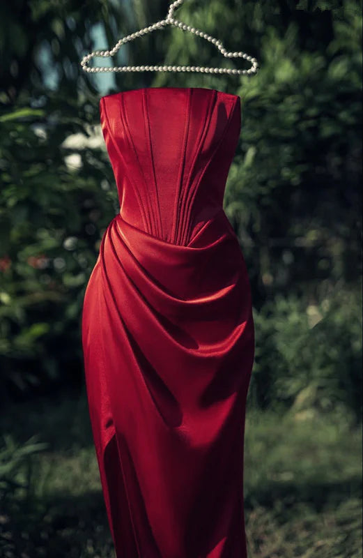 Wholesale New Sheath Strapless Satin Slit Sleeveless Burgundy Evening Dress Prom Dresses formal wear dresses 